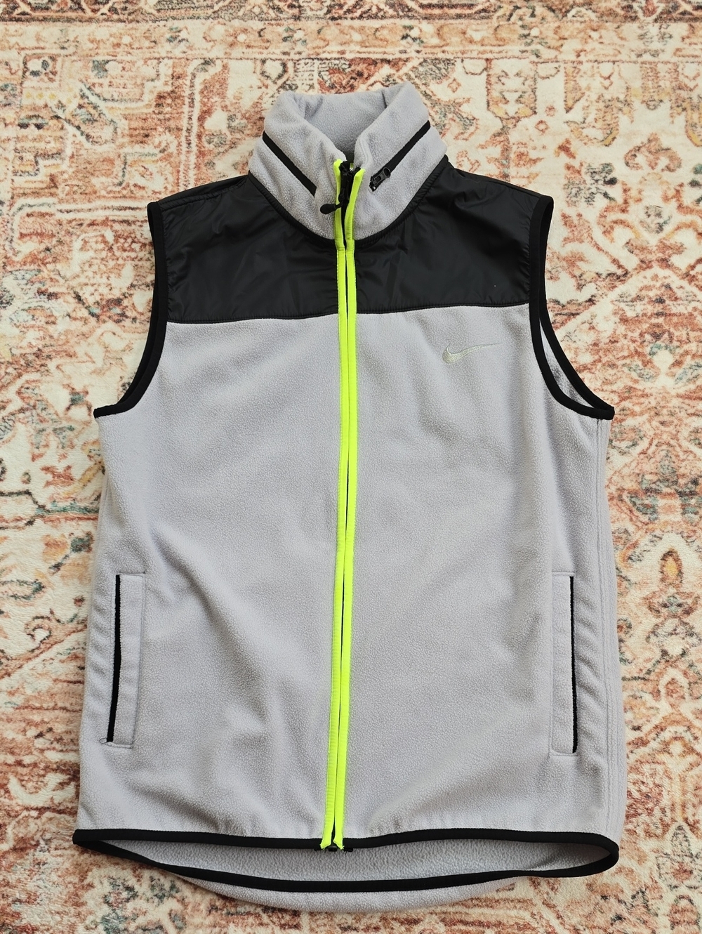 Vintage Nike Men’s Light Gray Fleece Vest Packable Hood Neon Green Size Med